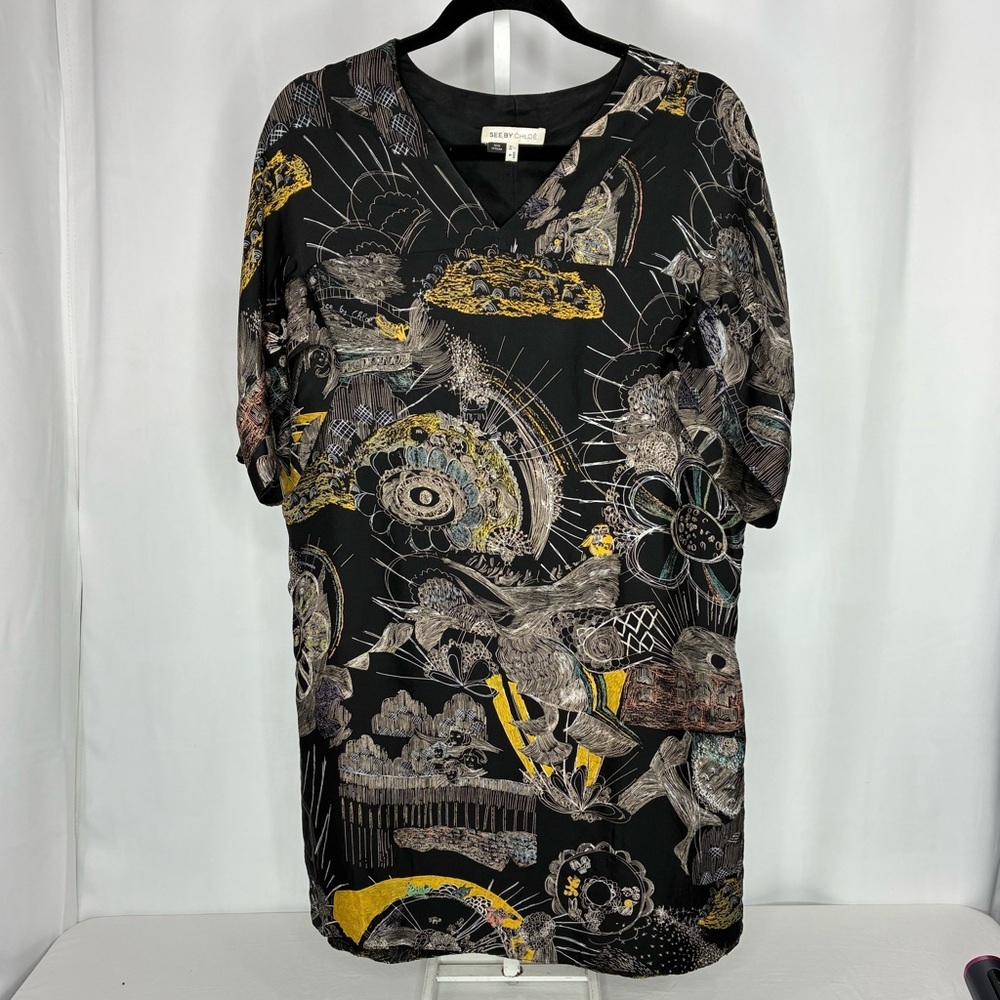 See By Chloe 100% Silk Abstract Print Designer Luxury Tunic Dress